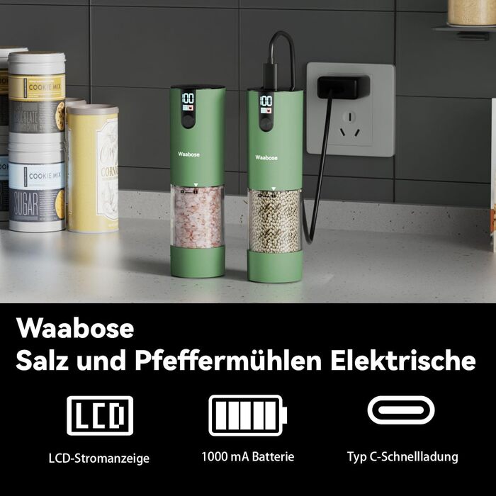 Електричний набір млинків для солі та перцю Waabose з LCD-дисплеєм, LED підсвічуванням, регулюванням помолу, для кухні та барбекю, зелений