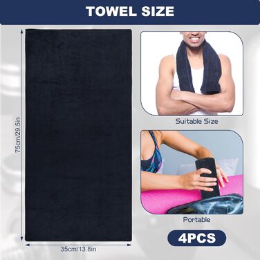 4 штуки спортивних рушників для фітнесу, 75 x 35 см, мікрофібра, швидковисихаючі, для тренажерного залу та подорожей