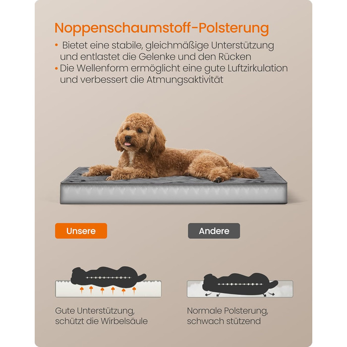 Ліжко для собак Feandrea, знімний водонепроникний матрац, розмір M (76 x 51 x 8 см), для маленьких та мініатюрних собак, сірий, PGW241G01