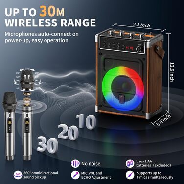 Караоке-машина JYX з 2 UHF-мікрофонами, Bluetooth, LED-підсвічуванням та підтримкою PA-системи, AUX, FM, Rec - (Бронза)