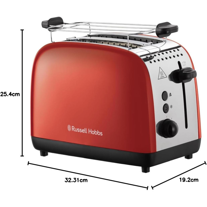 Russell Hobbs Toaster [for 2 slices] Colours Plus Stainless Steel Red (extra wide slots, includes bagel attachment, 6 browning levels + defrost function, Lift & Look function, 1600W) 26554-56 Toaster Compact NEW