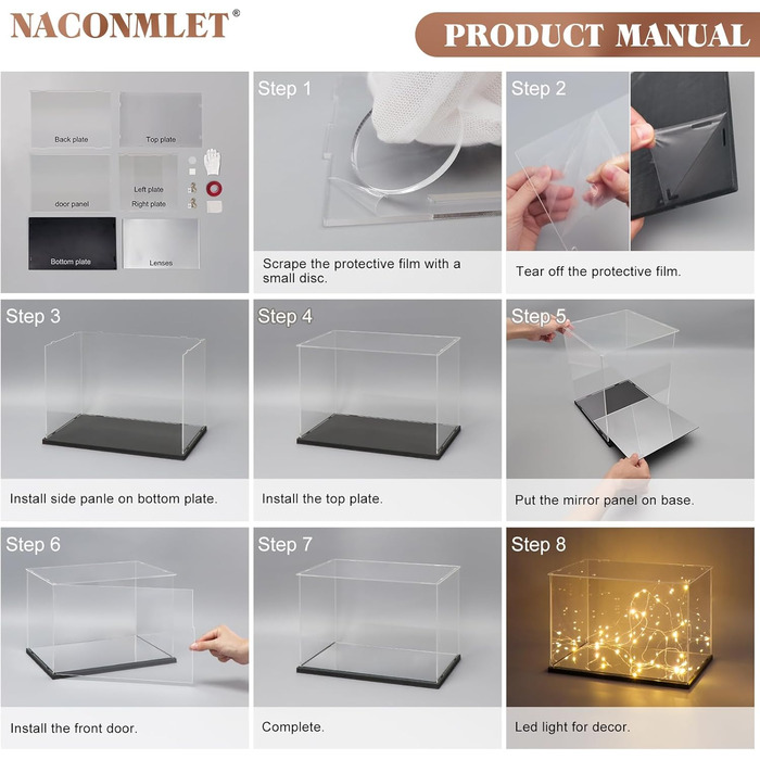 Акрилова вітрина з LED-підсвіткою Naconmlet, прозора шафа для колекційних фігурок з дверцятами, бокс для експонатів і колекціонування, 35x30x20 см