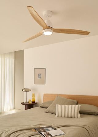 Вентилятор стельовий з підсвічуванням Windstylance Natural Wood L 152 см, білий, дерев'яні лопаті, Wi-Fi, пульт, 6 швидкостей, літо/зима