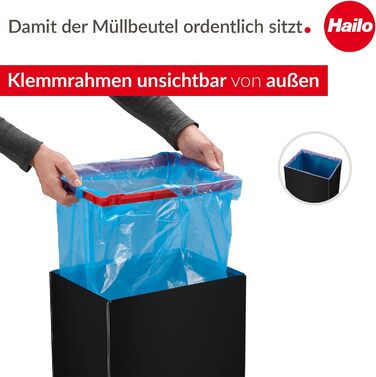 Відро для сміття Hailo Big-Box Swing XL, 52 л, чорне, з кришкою-маятником, нержавіюча сталь, кріплення для мішка, для кухні, Made in Germany