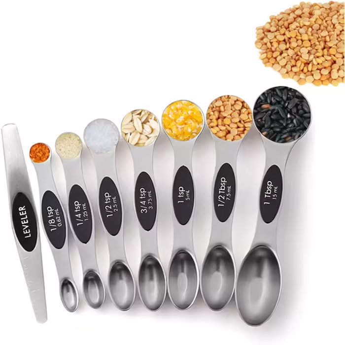 Stainless Steel Double-Head Measuring Spoon 8-Piece Set - Spice Scale Measuring Spoons, Magnetic Measuring Cups, Scraper, Baking Tool for Baking, Cooking, Kitchen (Color: Black, Size: One size)