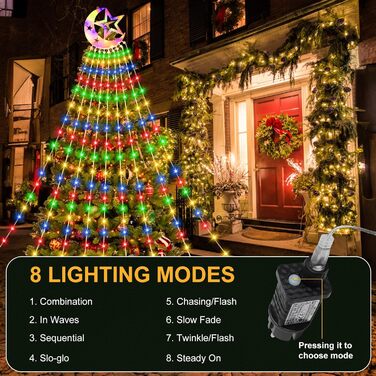 Гірлянда для ялинки 3.5м, 346 LED, 9 струмків, зірка-верхівка, 8 режимів, вологостійка, тепле біле світло (RGB), для декору ялинки