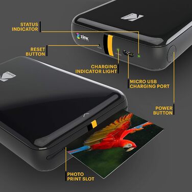 KODAK Step: Портативний принтер для фото з телефону - Друкує фото 2x3” на клейкій папері ZINK - Bluetooth, сумісний з iOS та Android - Чорний