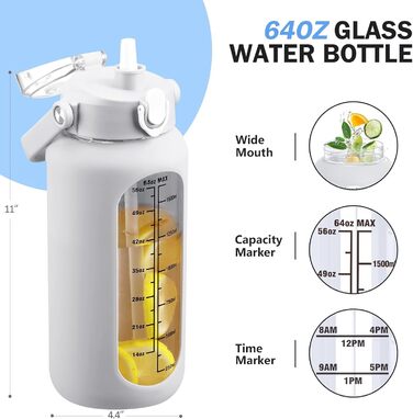 2L Glass Water Bottle with 2 Lids Flip and Tumble Lid 2 Liter Large Water Jug with Time Marker and Silicone Sleeve BPA-Free Leak-Proof for Sports Gym, (White)