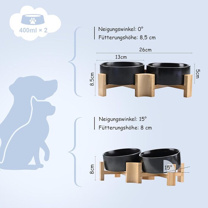 Керамічні годівниці для собак та котів SPUNKYJUNKY з дерев'яною підставкою (400 мл x 2, чорний)
