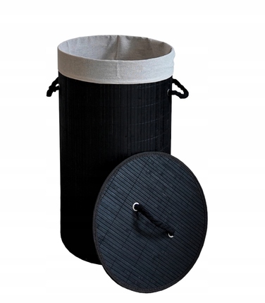 Великий круглий бамбуковий кошик для білизни з кришкою, 60 л, чорний