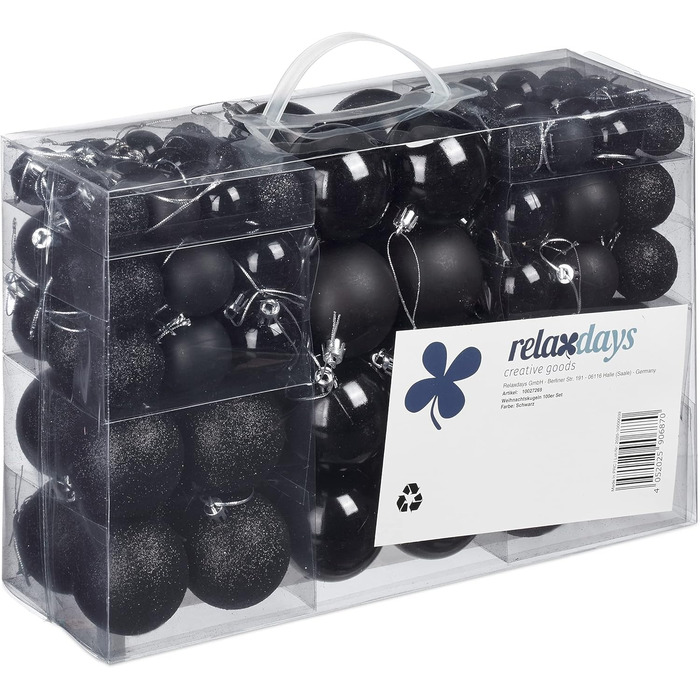 Relaxdays Christmas Baubles, Set of 100, Christmas Decoration, Matte, Glossy, Glittering, Christmas Tree Balls ∅ 3, 4 & 6 cm, Black, 10027269_46