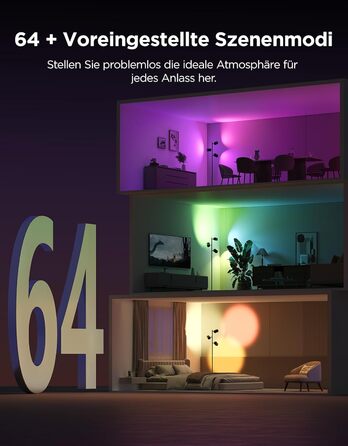 LED-лампа Govee з 3-ма якими полум'янами, RGBWW, регулювання фокусу, 1500lm, Alexa, 64+ сцени, синхронізація з музикою, 157см, чорний колір, для вітальні, спальні, кабінету, декор