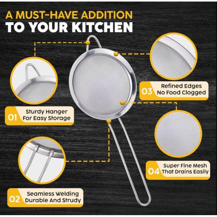 Набір сит Jojeys (20 см) - 3 розміри, нержавіюча сталь, кухонне сито для приготування та випікання, миється в посудомийній машині
