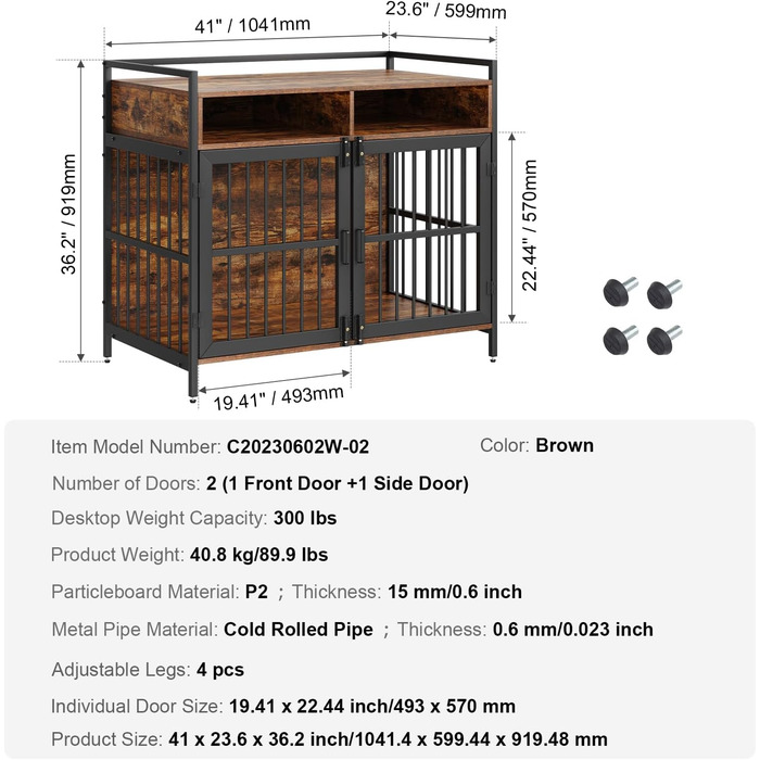 Клітка для собак VEVOR 1041x599x919 мм з міцного вуглецевої сталі та П2 ДСП, вінтажний дизайн, з подвійними дверима, чорна