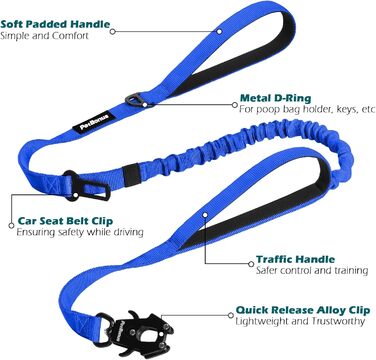 Міцна тактична повідка для собак PetBonus, 1,5м, еластична, з 2 м'якими ручками, страхувальний ремінь для авто, нашийник-повідок для дресирування собак великих та середніх порід (Армійний зелений, Синій)