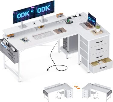 Кутовий письмовий стіл ODK білий, L-подібний, 160x80x84,7 см, з USB, розетками, 4 шухлядами, полицею для монітора, для домашнього офісу
