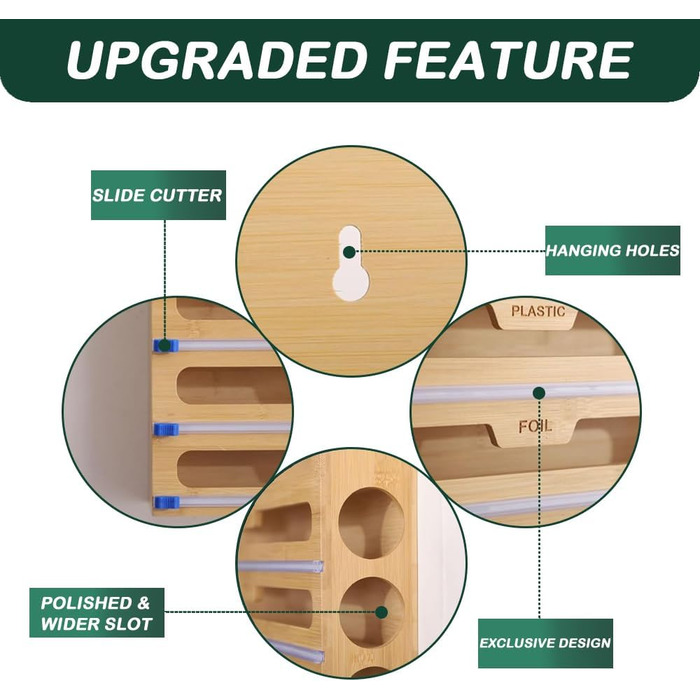 Диспенсер для харчової плівки 5 в 1 з дерев'яною коробкою та різаком, органайзер для кухні