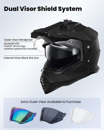 Мотошолом ILM Dual Sport Adventure з сонцезахисним склом, Pinlock, для кросу, квадроциклів, сертифікат ECE, модель WS902, розмір L, матовий чорний