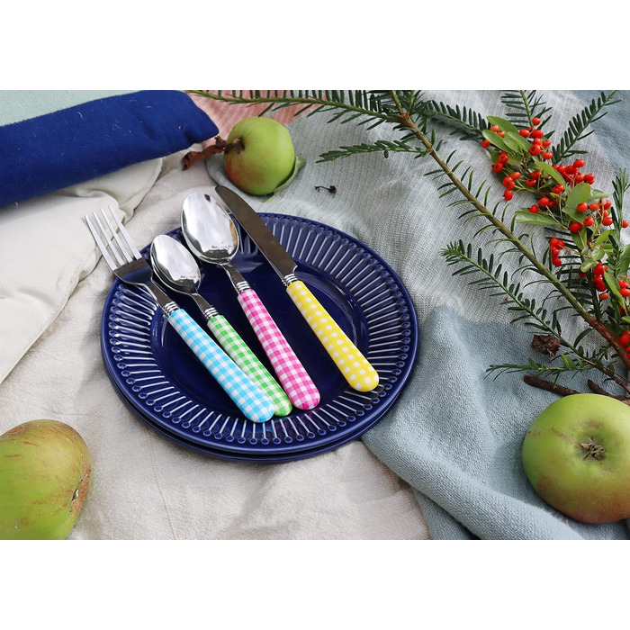 Набір столових приборів EXZACT з нержавіючої сталі, 24 штуки - ручки кольору гінгам (рожеві) - 6 виделок, 6 ножів, 6 ложок, 6 чайних ложок