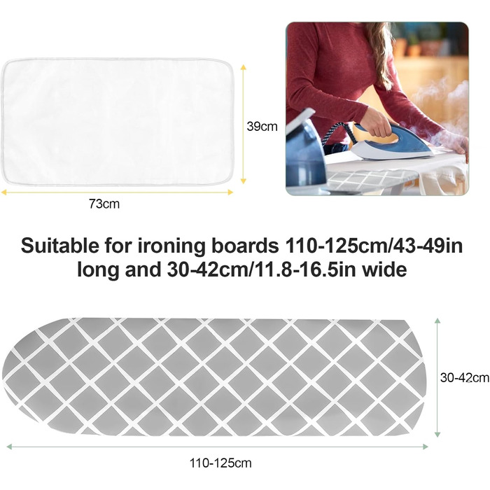 Покривало для прасувальної дошки, 100% бавовна, посилене тришарове, сіре, 110-125 x 30-42 см