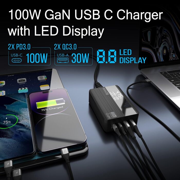 Зарядний пристрій MANTO 100W GaN USB-C з LED-дисплеєм, 4 порти (2x Type-C, 2x Type-A), PD 3.0, QC 3.0, для MacBook, iPhone, iPad, Samsung, ноутбуків