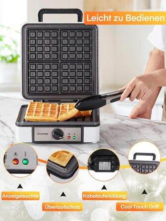 Електричний вафельниця FOHERE 4 вафлі, XXL, антипригарне покриття, Paninigrill, вафельниця для тостів, 1200 Вт