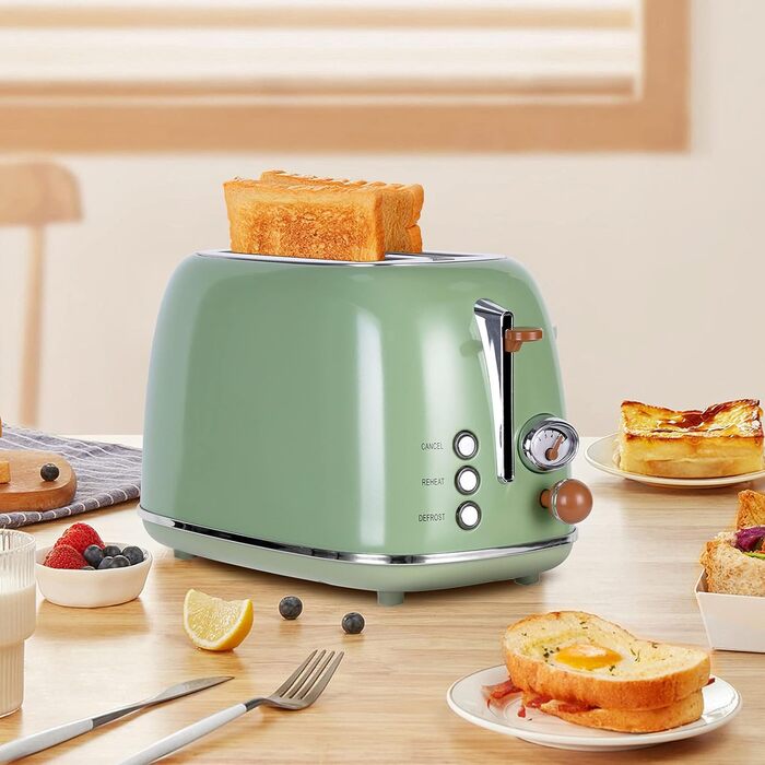 Wiltal Retro 2-Slice Toaster with 6 Adjustable Browning Levels, Stainless Steel with high-quality bread roll attachment. Warming, defrosting, and cancel function, countdown display, quick-toast technology (green)