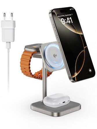 LULULOOK Qi2 Magsafe Зарядна станція 3 в 1 з алюмінію для Apple Watch та iPhone: 15W швидка зарядка для iPhone 17 Pro Max/Pro/Air/17, 5W для Apple Watch Ultra, AirPods. Титан.