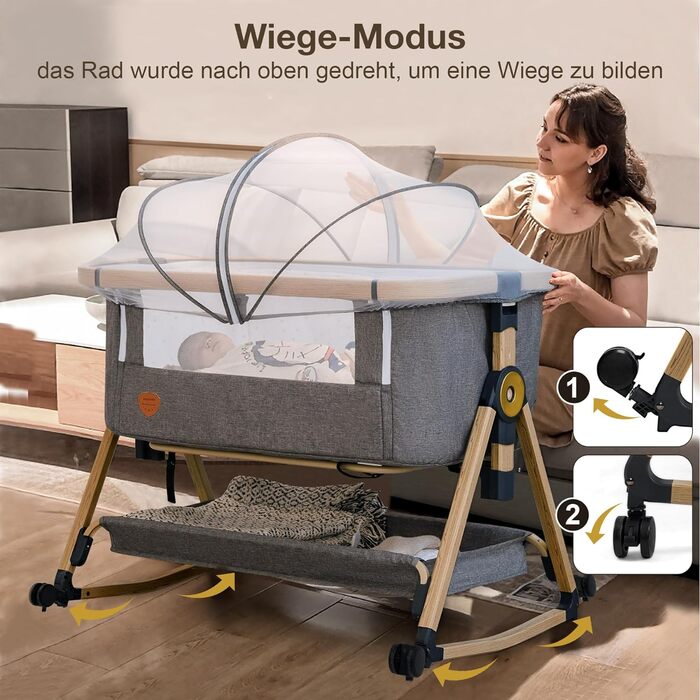 Maydolly 3-in-1 Bedside Crib - Portable Baby Cot with Breathable Net and Sheets, Adjustable Bassinet Bedside Crib Grey