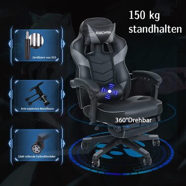 Геймерське крісло Fullwatt Racing з масажем, підставкою для ніг та регульованою спинкою (90-150°) - сіре та чорне, PU шкіра