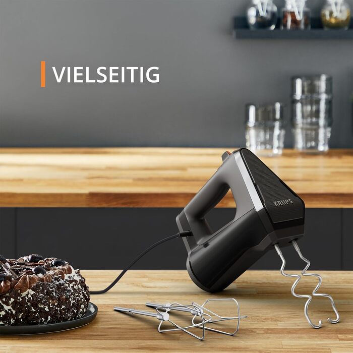 Krups GN6028 3MIX 6000 Hand Mixer | 600 W | Precise Control | Soft-Touch Handle | Long Cord | Practical Speed Control | Includes Whisk and Dough Hook | Black