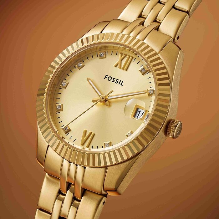 Жіночий кварцовий годинник Fossil Scarlette золотистого кольору з датами та сталевим браслетом, 33 мм