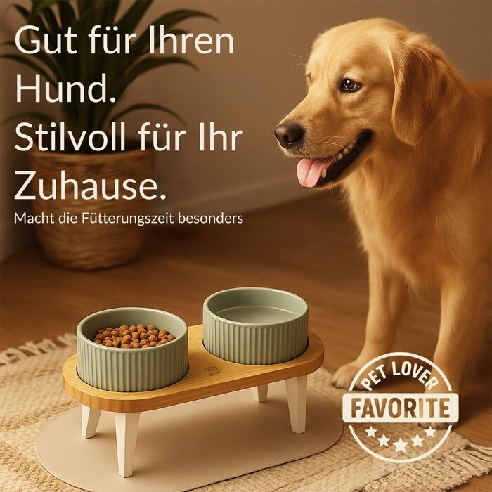 Миска для собак BELMIN з підняттям – миска для води та корму для собак – піднята миска для корму для великих собак і котів – 2 регульовані висоти – миска для собак з кераміки з бамбуковим підставкою – неслизький килимок