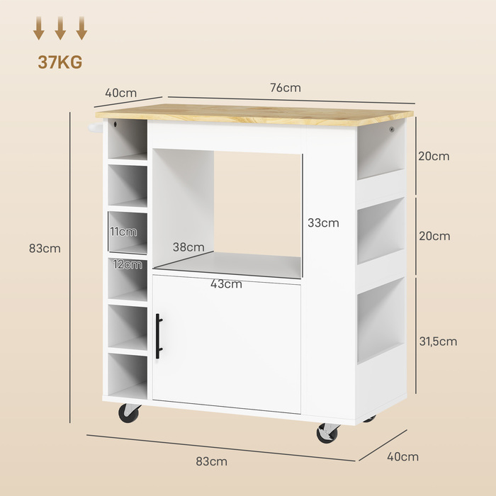 HOMCOM Kitchen Cart Serving Cart with Worktop, Shelves, Wine Racks, Kitchen Cabinet Rolling Cart with Soft-Close Hinges, Handle, Kitchen Island for Office, 83x40x83cm, Oak | Aosom