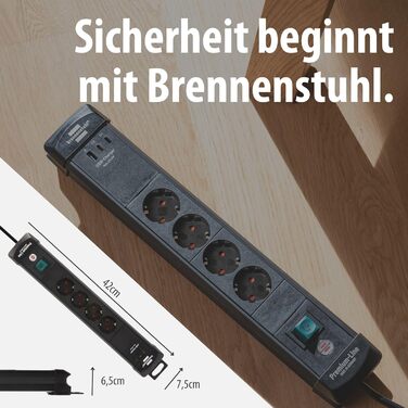 Бренненштуль Premium-Line Розподільник розеток 4-портовий з 2x USB-C PD 65W та USB-A 18W (Made in Germany), з вимикачем та кабелем 3м, для настінного монтажу, чорний