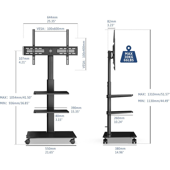 FITUEYES Rolling TV Stand with 3 Shelves - Adjustable Height & Swivel - Fits 32-60 Inch TVs (up to 30kg, VESA 600x400)