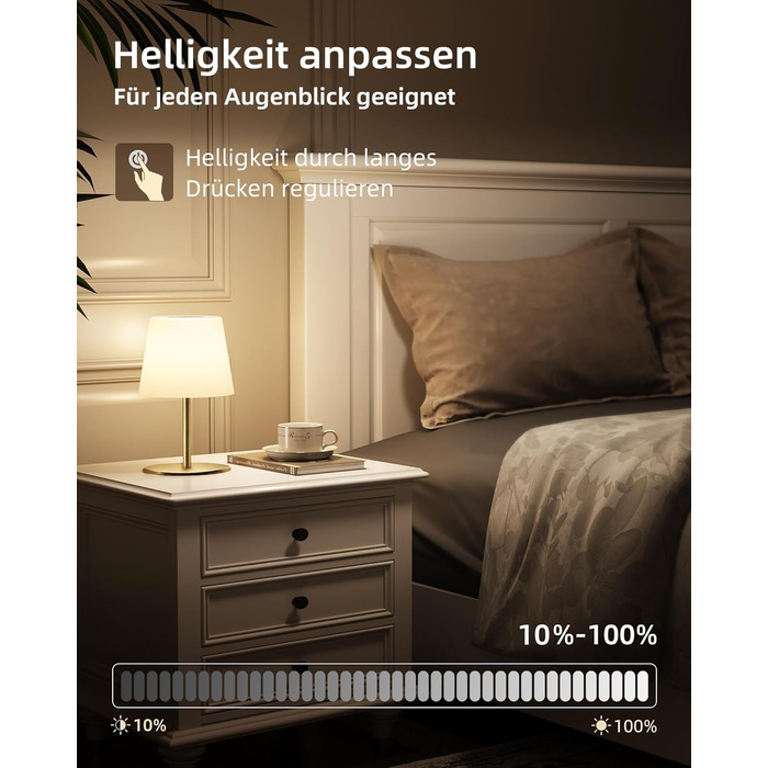 Настільна LED лампа EZVALO бездротова, 2 шт., IP65, 4500mAh, USB-C, диммер сенсорний, 3 режими світла, золота. Лампа для кемпінгу, спальні та столу.