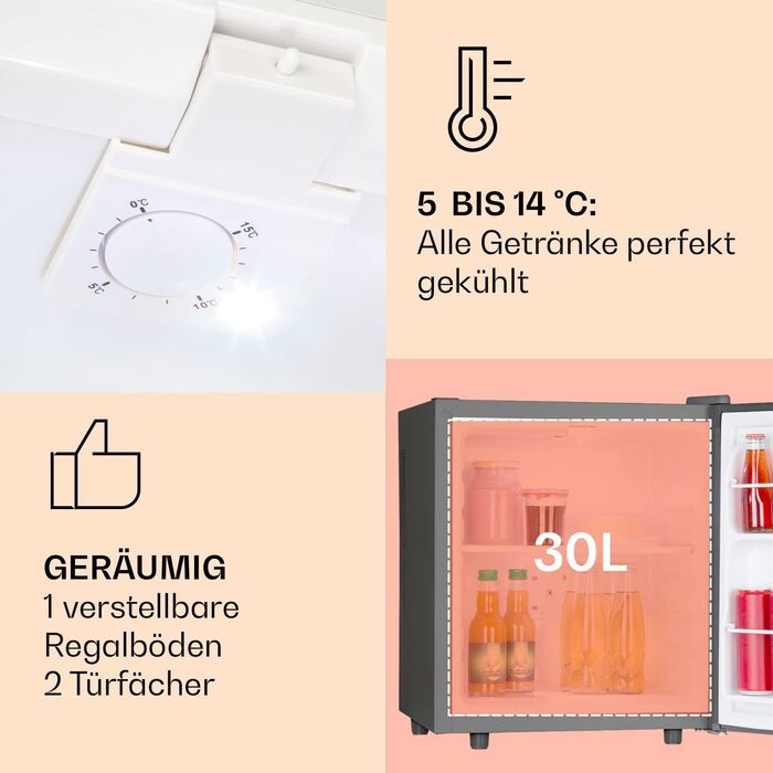 Міні-холодильник Klarstein Silent Cool: 30 літрів, 24dB, регулювання температури, білий/чорний