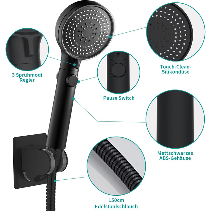 MIAOHUI Black Shower Head Water Pressure Booster, Handheld Shower with 3 Spray Patterns, Water-Saving High-Pressure Shower Head with Water Stop Function, Shower with Hose and Teflon Tape