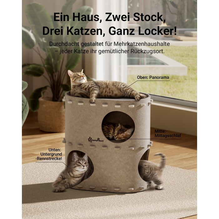 Кігтечка-будиночок для котів DownyPaws з фетру, 2-ярусна, 50 x 33 x 50 см, бежева