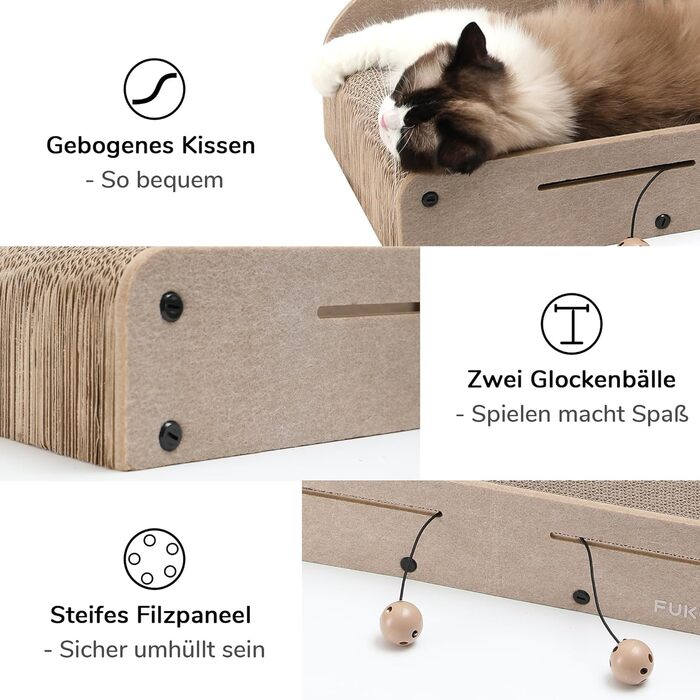 Cat Scratch Board, 66CM Durable Scratch Cardboard and Felt, Large Lounger, 2 Reversible Cat Scratch Pads for Cats, Recyclable Cardboard Cat Bed with Bell Ball Toy, Caramel Color (Large Format Beige)