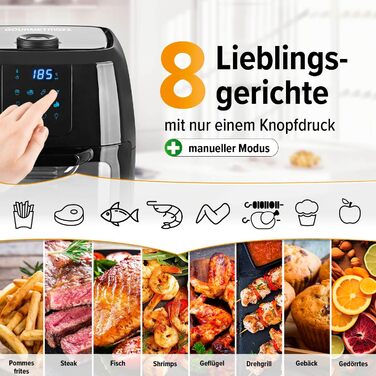 Gourmetmaxx Digital Hot Air Fryer XXL - 9L Oven | Air Fryer with Timer Function, Touch Display, Rotisserie, Skewers | Low-Fat, Energy-Saving Frying | 8 Programs, 1800 W Black 9 Liters