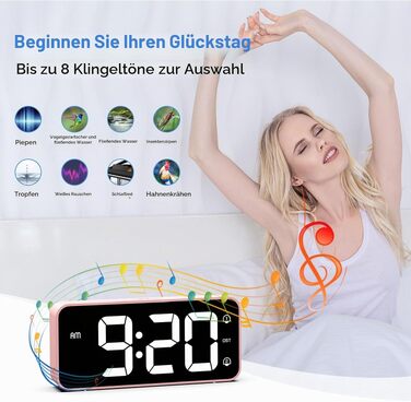 Цифровий LED будильник LATEC з 2 сигналами будильника, функцією Snooze, USB-портом для зарядки, регулюванням яскравості та гучності (90-120 дБ), 8 мелодій, формат 12/24г, мережевий, Рожевий