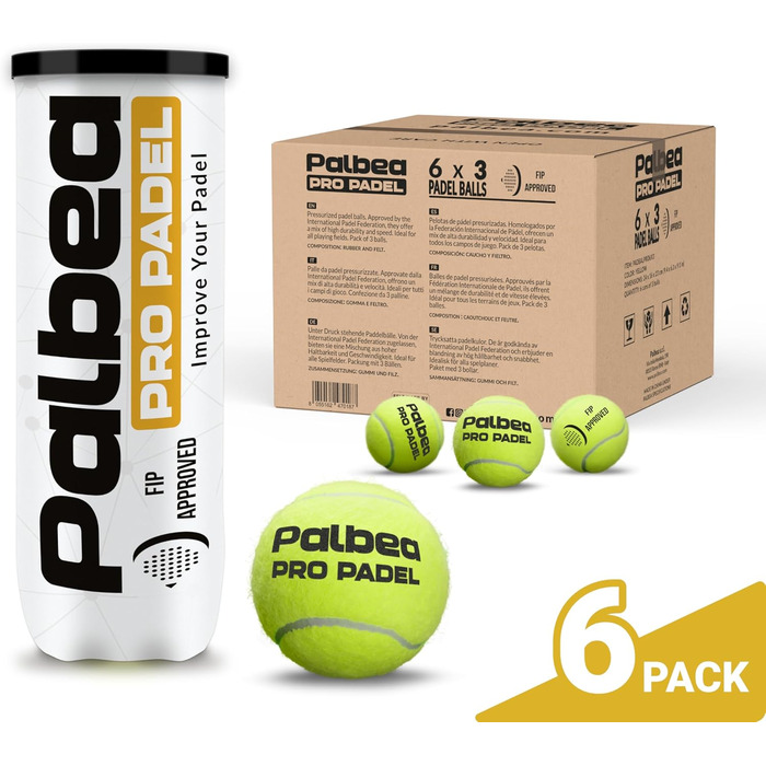 Palbea PRO Padel: Якісні м'ячі для падел-тенісу - FIP сертифіковані, HV Filz, Преміум якість. Ідеальні для тренувань та турнірів. 1 картон x 6/12/24 туби