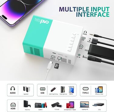 Mini Beamer YG300Plus: Портативний проєктор для дітей, Outdoor, LED Pico Beamer для домашнього кіно, з USB, HDMI, Type-C та пультом ДУ