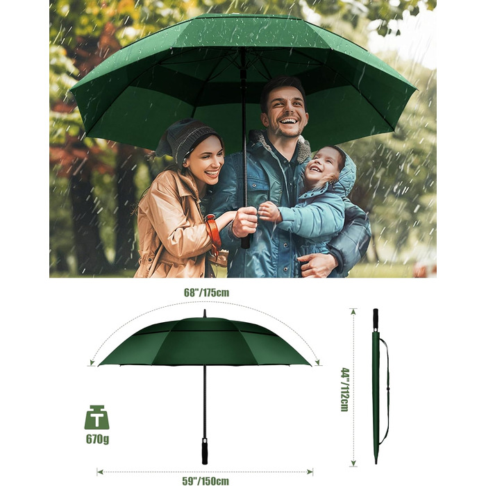 TECKNET Гольф-парасолька XXL, велика парасолька, штормостійка, автоматична, з EVA-ручкою, для жінок та чоловіків (зелена, діаметр 150 см)