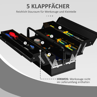 DURHAND Tool Case Tool Box 5 Compartments Folding Steel (SPCC) Black 56 x 20 x 41 cm | Aosom