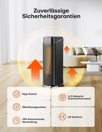 Електричний обігрівач QEXREED 2000W з PTC-нагрівачем, 4 режими, ECO-режим, осциляція 90°, таймер 24г, пульт ДУ, тихий та потужний, захист від перегріву та перекидання