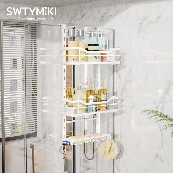 SWTYMIKI Adjustable Hanging Shower Shelf - No-Drill Shower Shelf for Glass Door, Stainless Steel Shower Shelf with Hooks and Soap Holder, Shampoo Holder for Shower, White