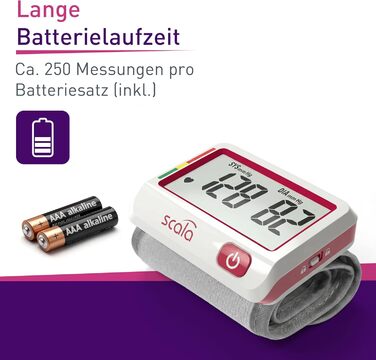 Тонометр на зап'ястя Scala SC 6027 A (червоний) – точний вимірювач артеріального тиску з індикатором ВООЗ, 85 місць пам'яті, Fuzzy Logic, з батарейками та коробкою, розмір манжети 13,5-19,5 см